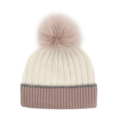 L22 Hat Cuff Knit W/fur Pom: IVORY/PINK