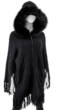 L24 Poncho Cable Knit W/fox Trim Hood